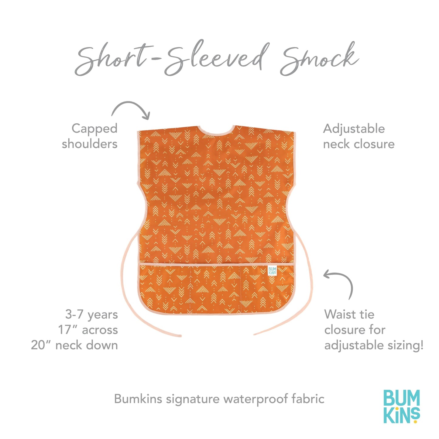 Bumkins Short Sleeve Smock, Toddler Reusable Waterproof Bib For Girls And Boys Ages 3-7 Years, Junior Childrens, Kids Paint Apron, Arts, Crafts And Play With Pocket, Soft Fabric, Boho Orange