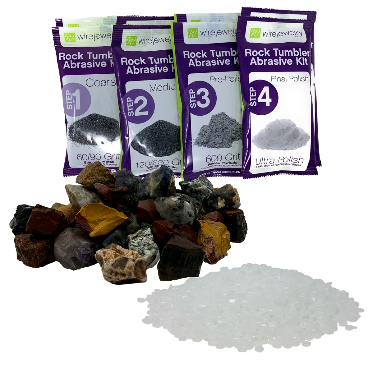 Wirejewelry Gemstones Of The World Tumbler Refill Kit - 3 Lbs. Of Handpicked Rock, 2 Batches Of 4 Step Abrasive Grit And Polish