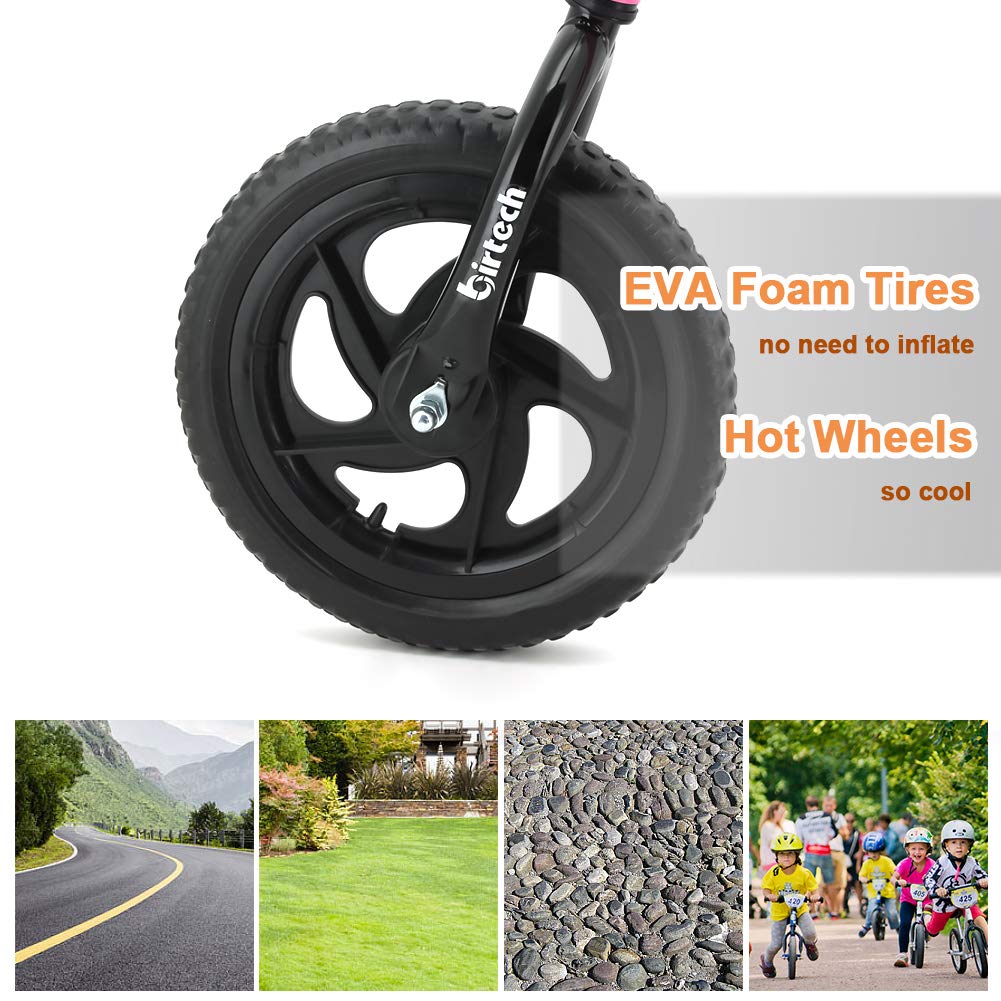 Birtech Balance Bike for Kids, 12" Carbon-Steel, Black, Adjustable Seat Height, No Pedal, Airless Tire, for Ages 2-5
