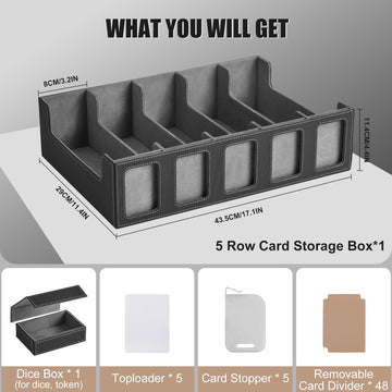 5-Row Trading Card Storage Box  Protable 3900+ MTG Deck Box with Removable Lid  Leather Magnetic Closure Commander Deck Box with 5 Toploaders  5 Stoppers  48 Dividers 1 Dice Tray (Black & Grey)