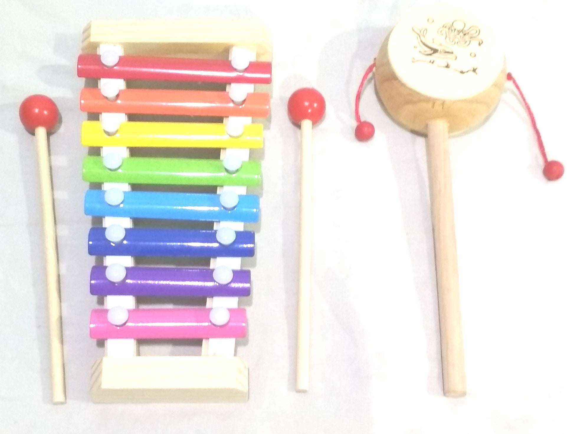 Crafts India Handcrafted Wooden Xylophone 8 Notes Musical Toy And Damaru Combo  18 Cms