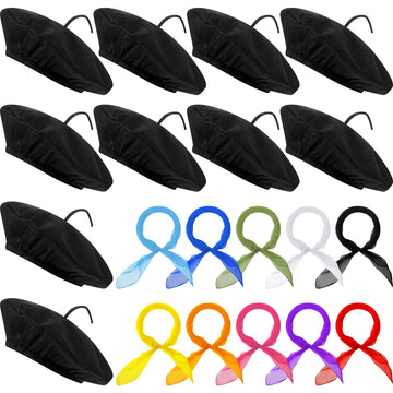 Laumoi 20 Pcs Halloween Party Berets for Kids French Beret Bulk Hat Artist Beanie with Color Neck Scarf for Cosplay Decorate(Fre