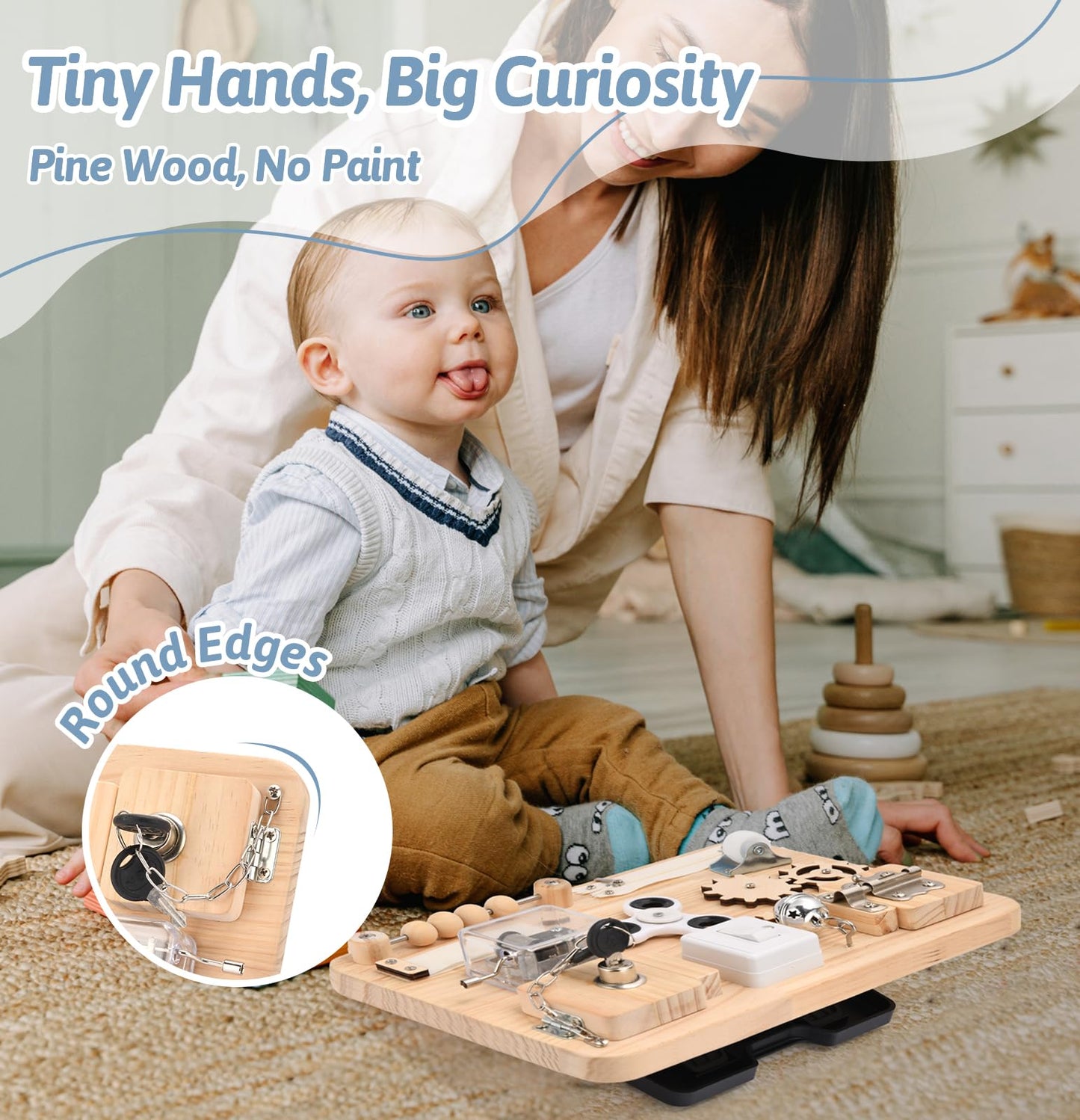 Potatomato Wooden Busy Board for Toddlers, Brown, Small - Sensory Fidget Toy, Model LT721 - Educational Activity Board for Kids