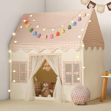 Senodeer Kids Play Tent Indoor: With Brown Checkered, Mat, Rainbow Tissue Garland, Star Lights - Toddler Girl Tent Indoor Playho