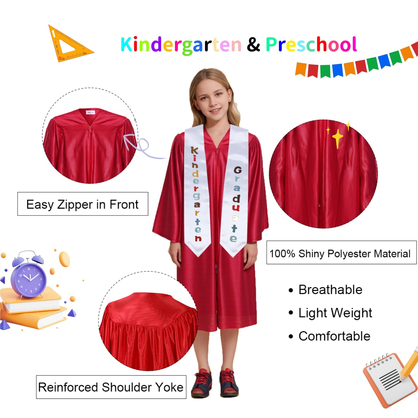 Newrara Kindergarten Graduation Cap and Gown Stole Package for Kids (Red, 36)