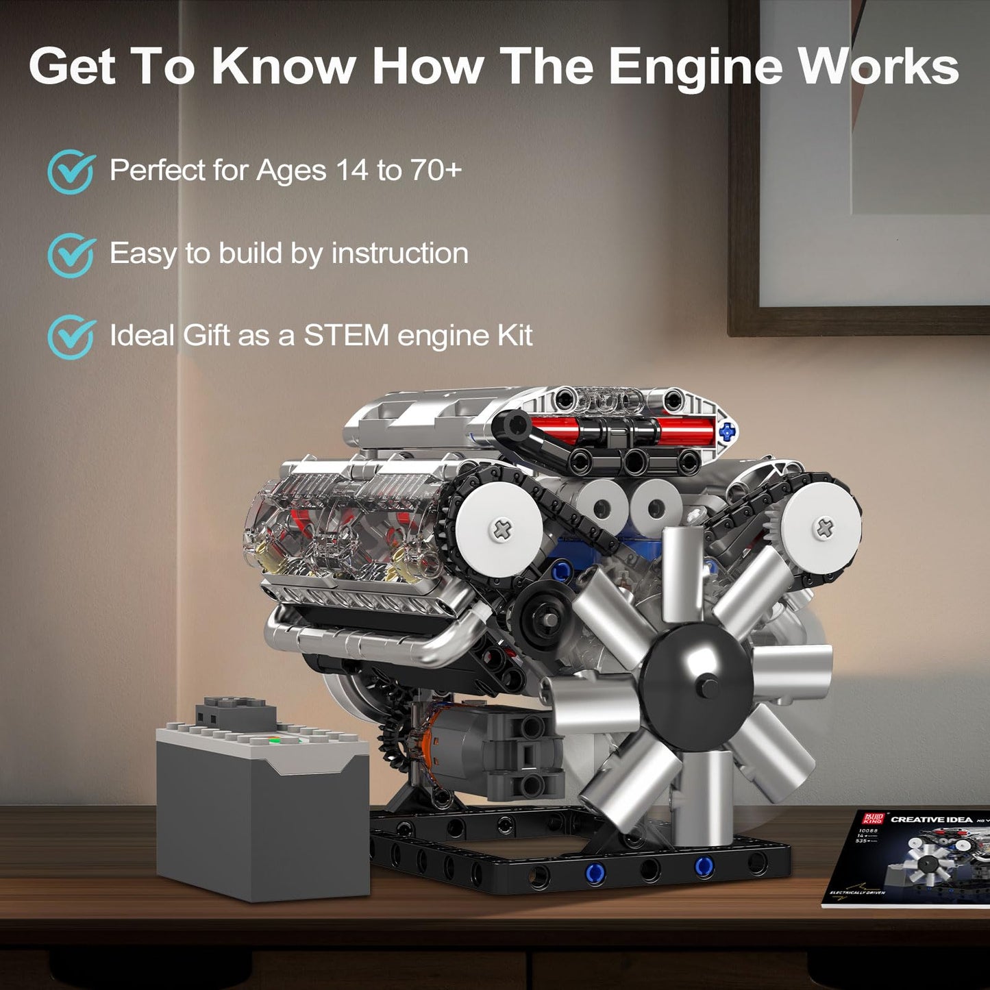 Mould King 10088 V8 Engine Model Kit - 535 Pcs To Build Your Own Mini Engine That Works - Diy Stem Mechanic Engineering Construction For Kids/Teens, Hobby Building Blocks Kit For Adults