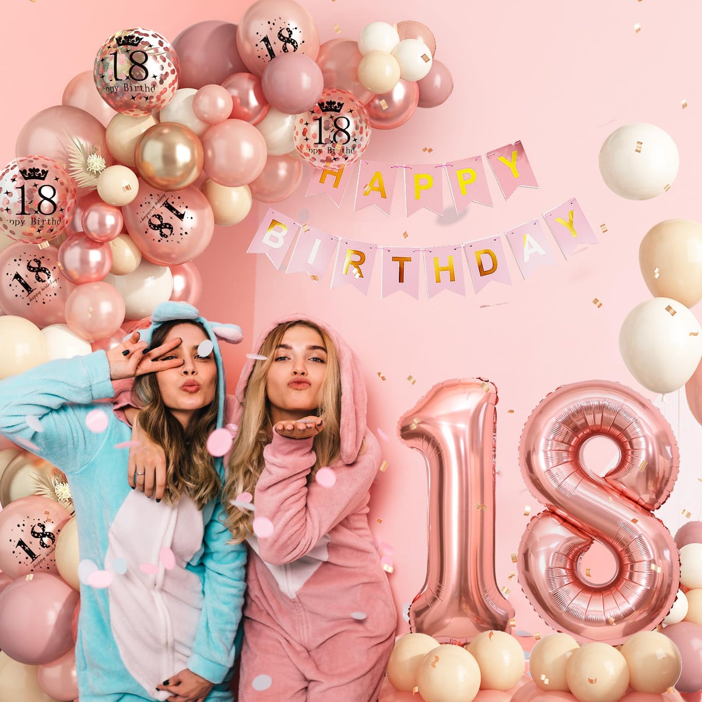 18Th Birthday Decorations For Girls,Rose Gold 18Th Birthday Balloon Arch Garland Kit With Happy 18Th Birthday Number 18 Foil Bal