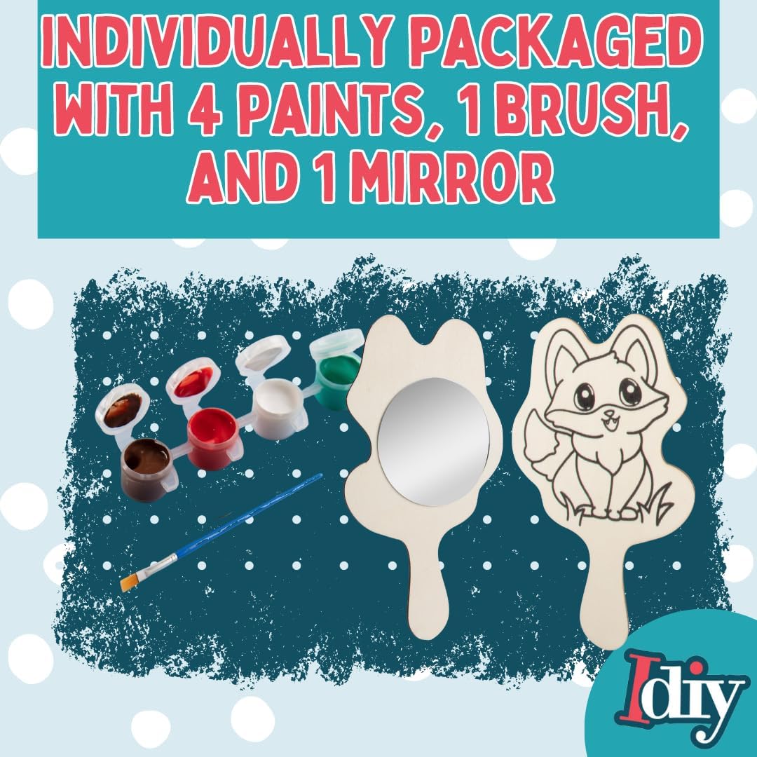 Paint Your Own Mirror Kids Party Craft Kits (12 Forest Friends Wood Mirrors) - Each Kit Has its Own Brush & Paint - Fun, Unique