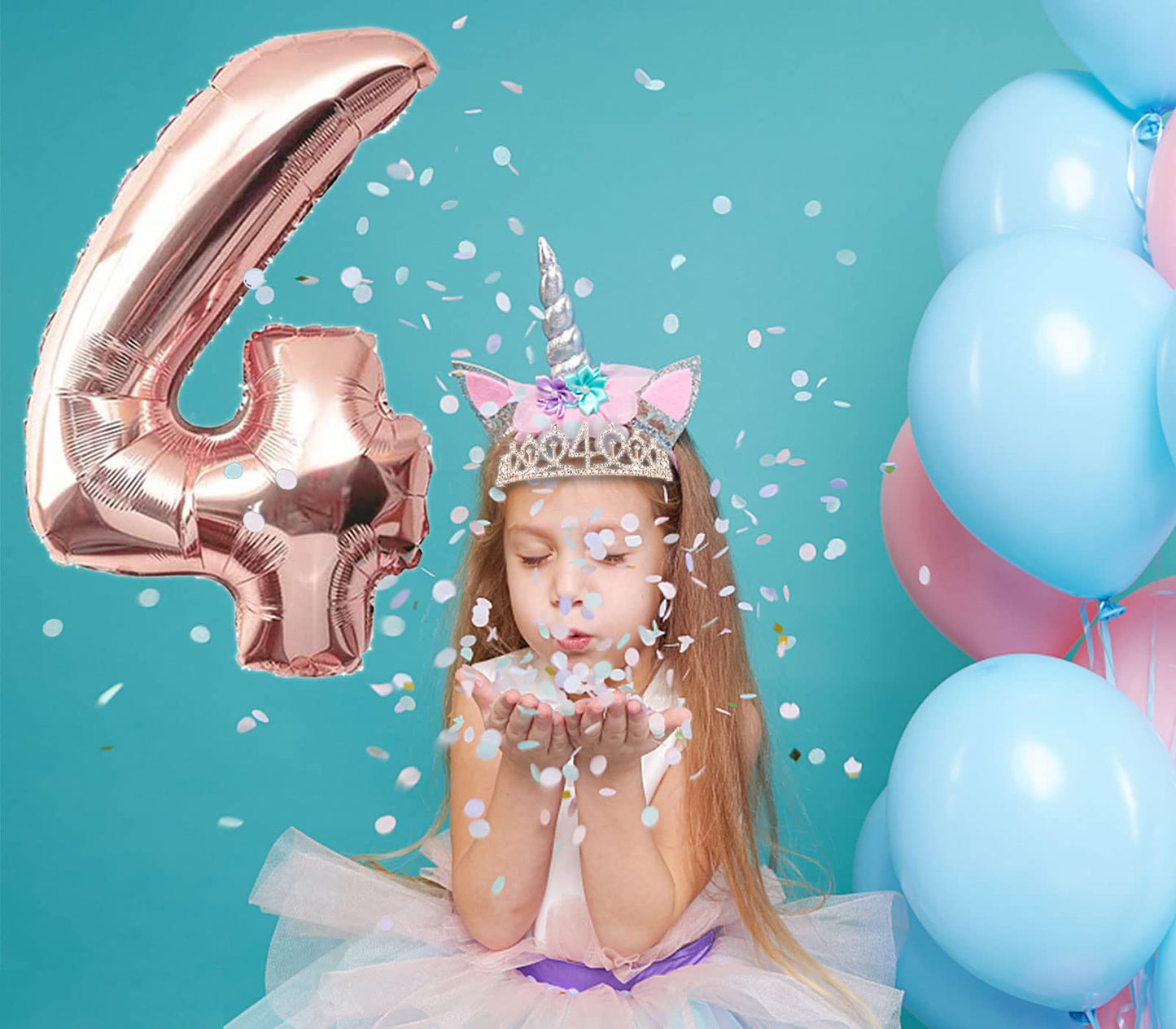 4th Birthday Decorations Girl, Including 4 year old Birthday Cake Topper, Birthday Queen Sash with Pearl Pin, Sweet Rhinestone T