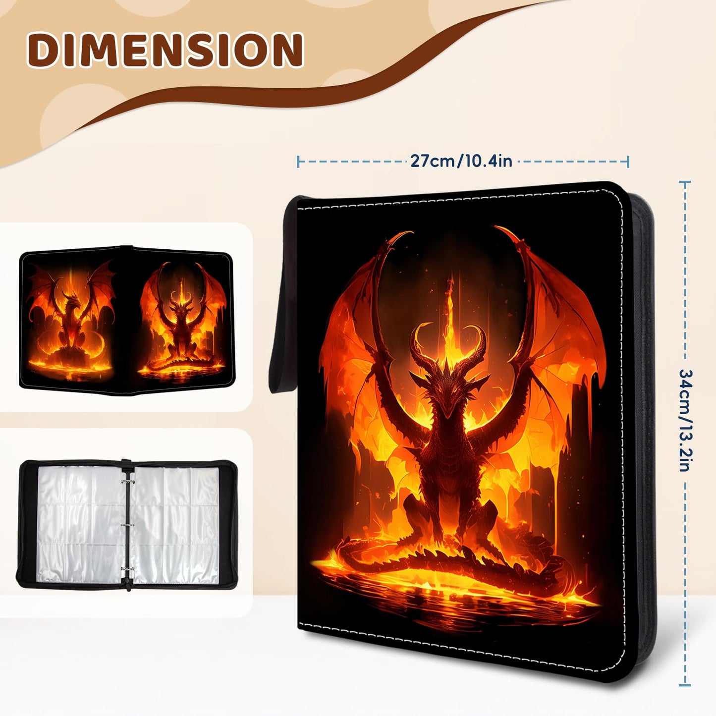 Wazzio 900 Pocket Trading Card Storage Album  Card Binder with 50 Durable 9-Pocket Pages  Fire Dragon Design on Pocket Card Packs  Gifts for Zipper Closure Collector's Album