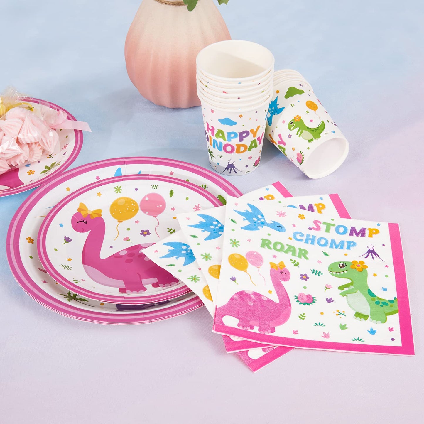 Wernnsai Dinosaur Party Tableware Set - Dino Party Supplies For Girls Disposable Paper Luncheon Dinner Dessert Cake Plates Napkins Cups Baby Shower Birthday Party Dinnerware Kit Serves 16 Guests