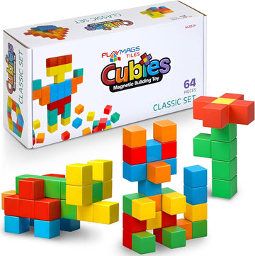 Playmags Magnetic Blocks Building Toy, 64Pc Magnet Cubes Stem Toys For Toddler & Kids, Preschool, Educational Sensory Constructi