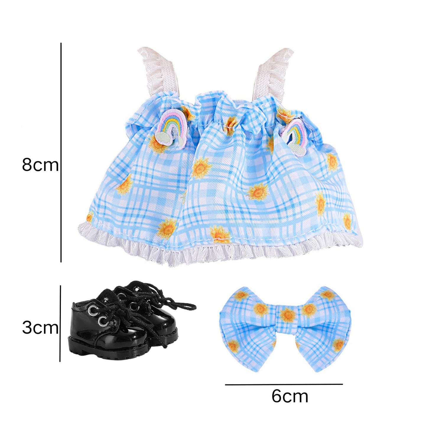 3-Piece Clothes for 17cm Doll Clothes Set & Outfit-Light Blue Gingham Plaid Dress + Butterfly Clip + Versatile Black Glossy Shoes