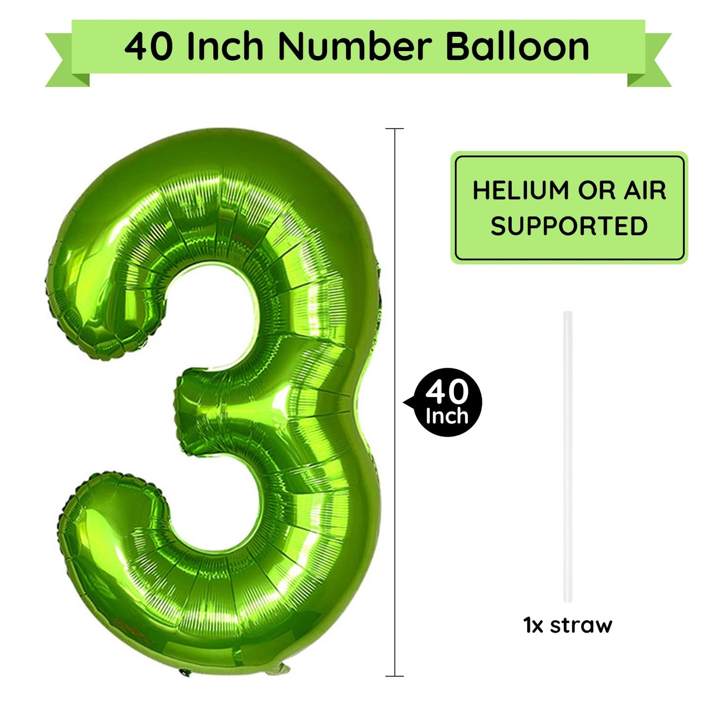 Paticool 40 Inch Green Number Balloon 3, Large Number Foil Balloons Mylar For Girl Boy Birthday Party Celebration Decorations Su