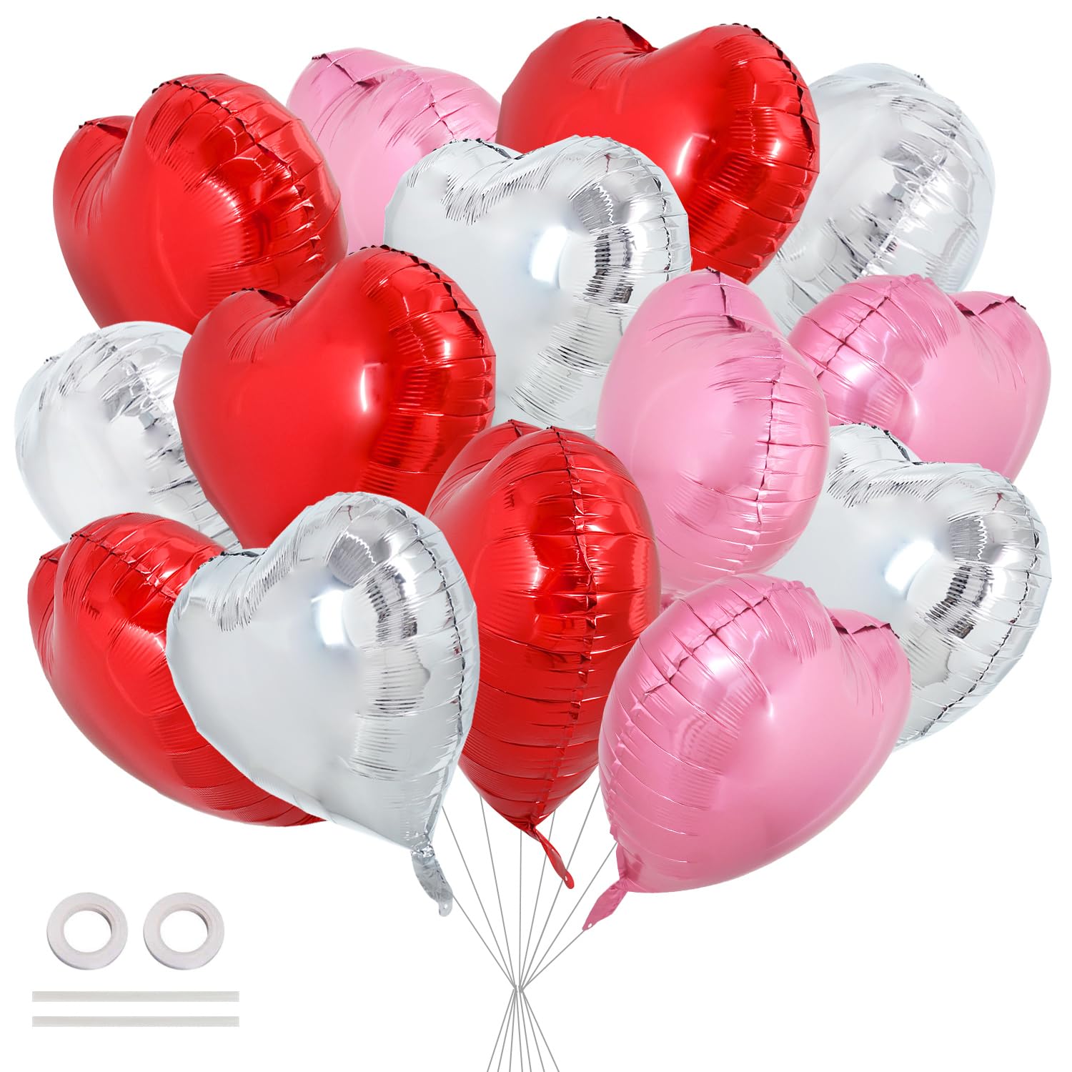 TONIFUL 30Pcs 18 Inch Heart Balloons Red Silver Pink Valentines Day Heart Shape Foil Mylar Balloons Decoration for Valentines D