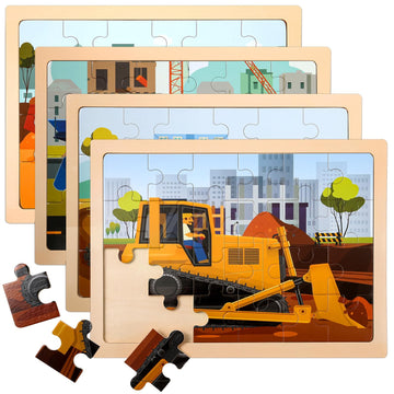 Wooden Vehicle Puzzles For Kids Age 3 4 5 Year Old, 4 Pack 24 Pcs Montessori Toddler Jigsaw Puzzles For Girl Boy Activities Pres