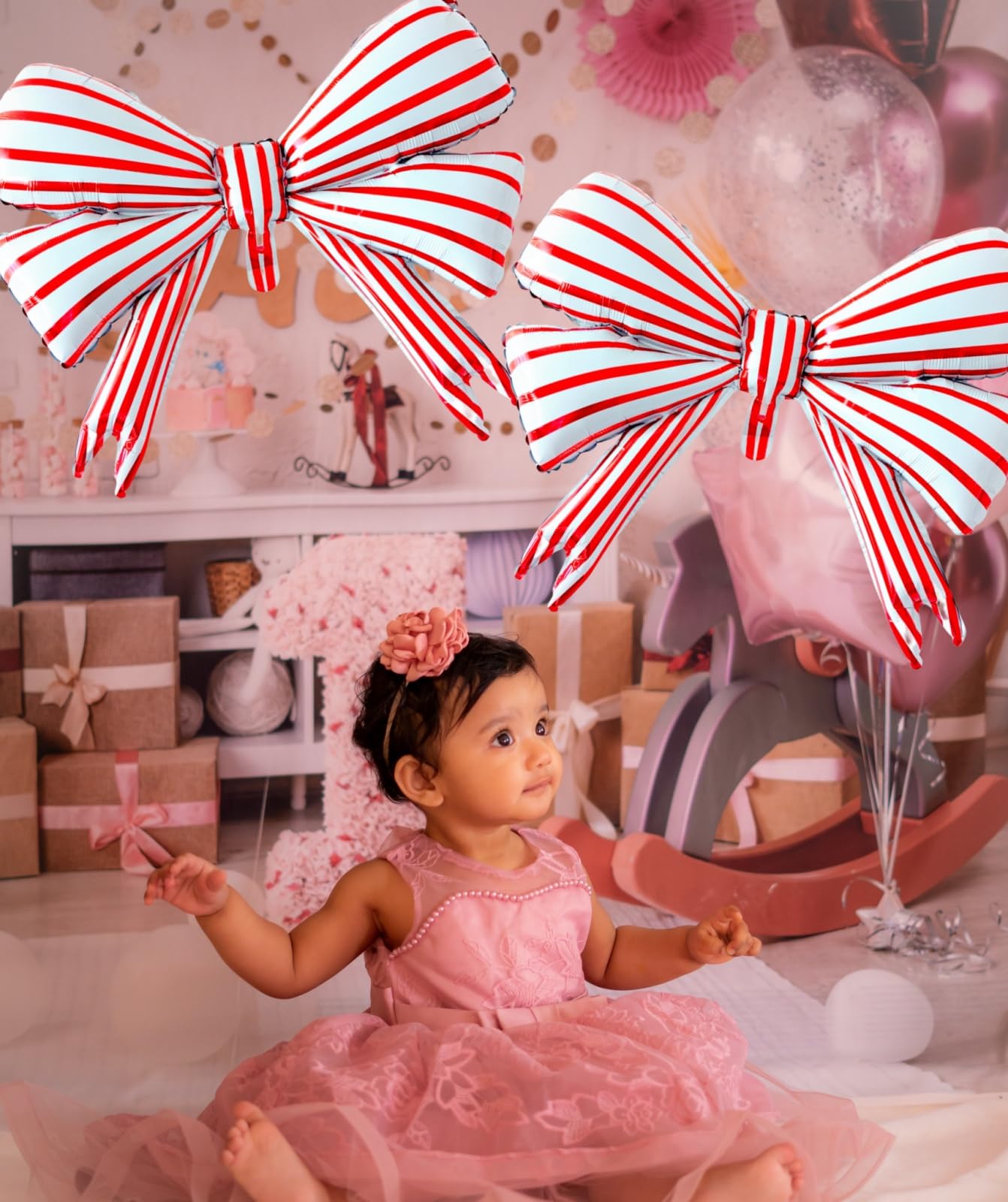 Kwuz 2 pcs Big Bow Balloons Red Strips 30 inch, Bow Party Balloons Decorations for Girls Birthday Mouse Themed Baby Shower Weddi