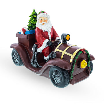 Bestpysanky Santa Driving Classic Car With Led Lights Figurine 10.5 Inches Long