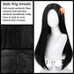 Half and Half Long Straight Black Kids Wig with Flower Clip, 27.6'' Synthetic Hair for Girls Toddler Cosplay & Halloween
