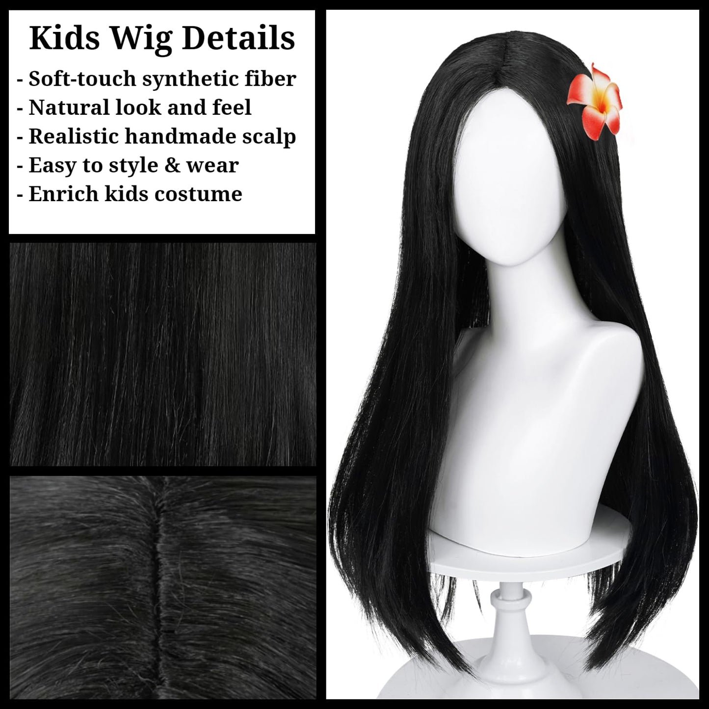 Half and Half Long Straight Black Kids Wig with Flower Clip, 27.6'' Synthetic Hair for Girls Toddler Cosplay & Halloween