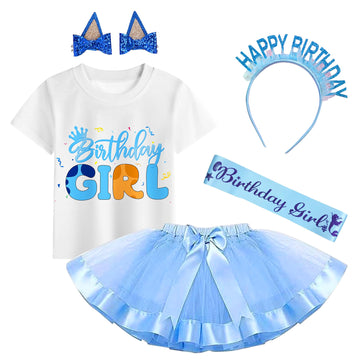 Yodison Girls Birthday Costume,T-Shirt And Tutu Dress,Headband Satin Sash Birthday Party For Kids(120Cm/5-6T) Blue