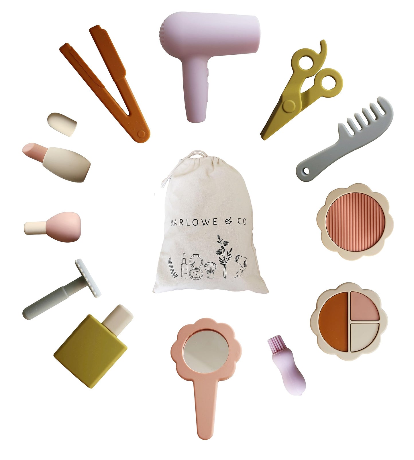 Marlowe & Co Silicone Hair Salon and Makeup Kit for Toddlers and Children, 12 Piece Mess Free Pretend Play Beauty Set for Girls 
