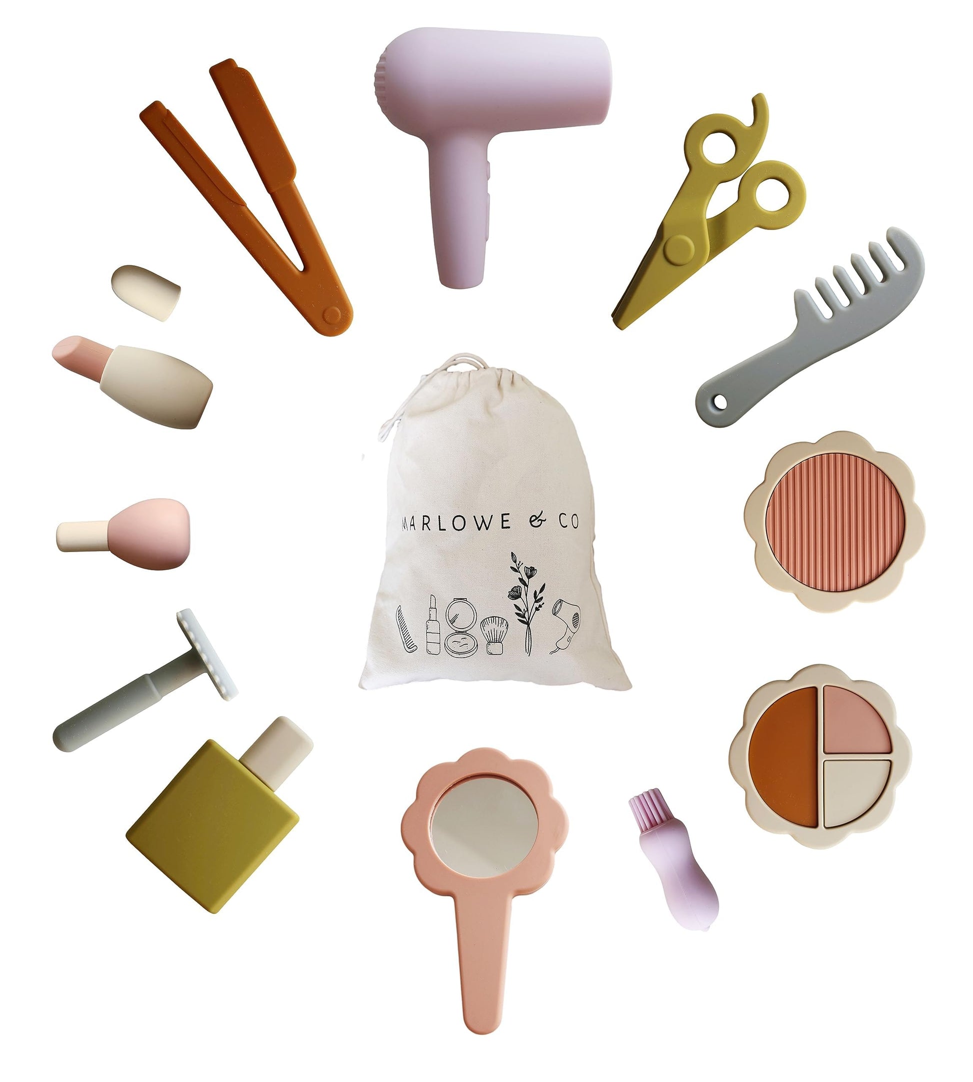 Marlowe & Co Silicone Hair Salon and Makeup Kit for Toddlers and Children, 12 Piece Mess Free Pretend Play Beauty Set for Girls 