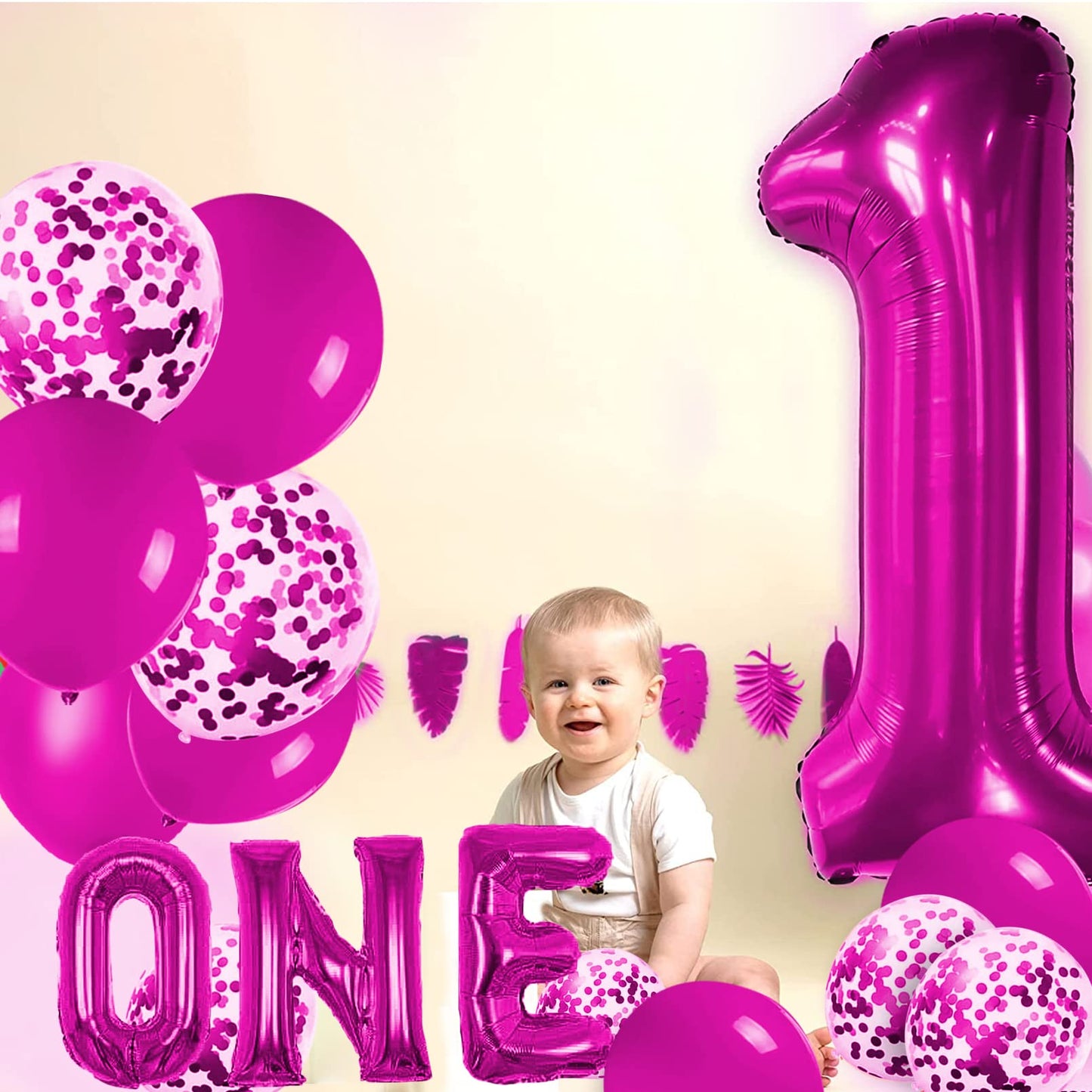 Large - One Balloon For First Birthday, 40 Inch Number 1 Balloon, 1St Birthday Balloons, Confetti Balloons, 1 Balloon 1St Birthday Decorations For Boys, 1 Year Old Balloon (Rose Red)
