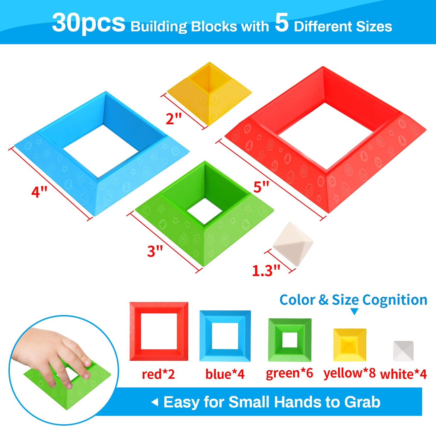 Hieoby Montessori Toys - 30Pcs Building Blocks, Educational STEM Sensory Gifts for Toddlers Age 1-4, Multicolor, 7"x9"x3.7"