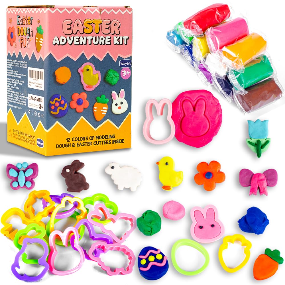 Waybla Easter Basket Stuffers Essentials, 12 Colors Modeling Dough & 12 Easter-Shaped Cutters in 6-Inch Egg, Easter Non-Candy Tr