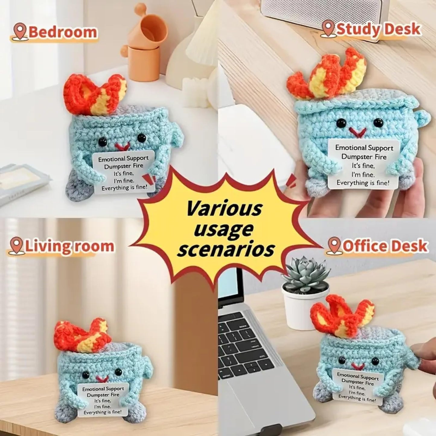 7 Pack Emotional Support Dumpster Fire, Handmade Crochet Dumpster Fire Doll, With Encouragement Card, Desk Decor Gifts For Frien