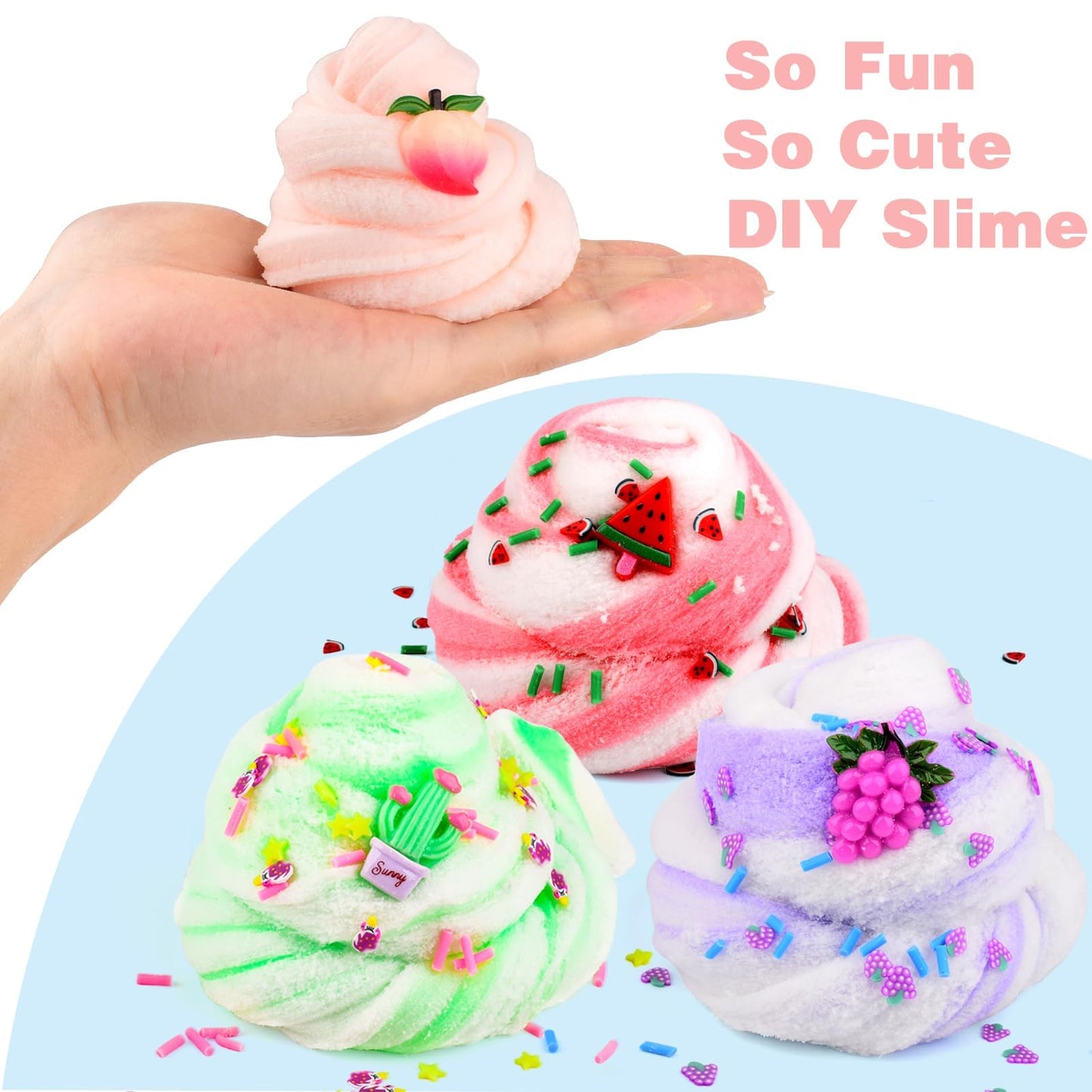 Cloud Slime Kit 9 Pack  with Peach Watermelon Pineapple Cake Slime Charms  DIY Slime Supplies for Girls and Boys  Stress Relief Toy for Kids Education  Party Favor  Gift and Birthday
