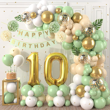 10Th Birthday Decorations Sage Green,10Th Birthday Balloon Garland Party Decorations With Number 10 Foil Balloons,Happy Birthday