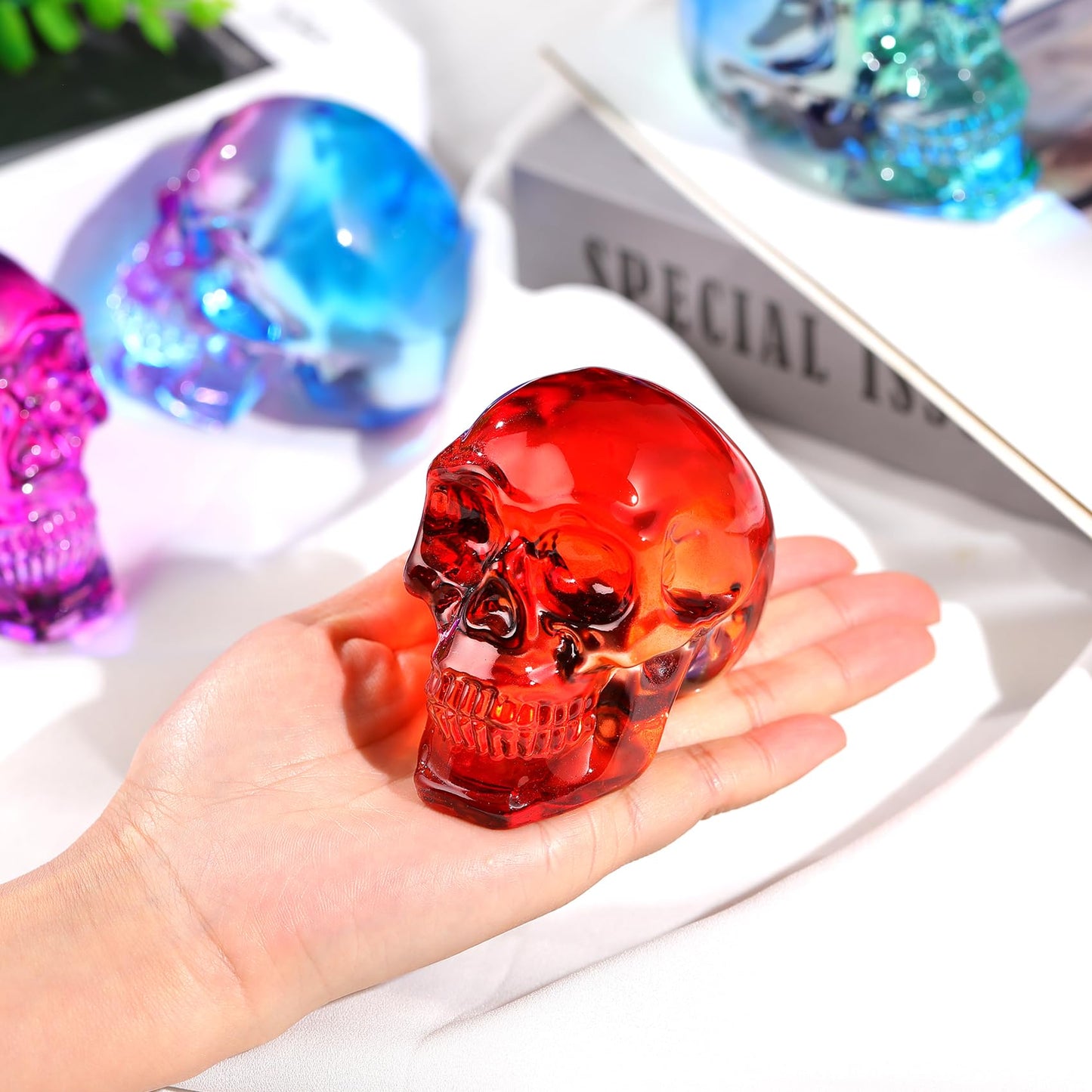 K9 Crystal Orange Red Skull Figurines Halloween Day Of The Dead Decor Gifts, Glass Skull Head Figurine Halloween Decor Gifts For
