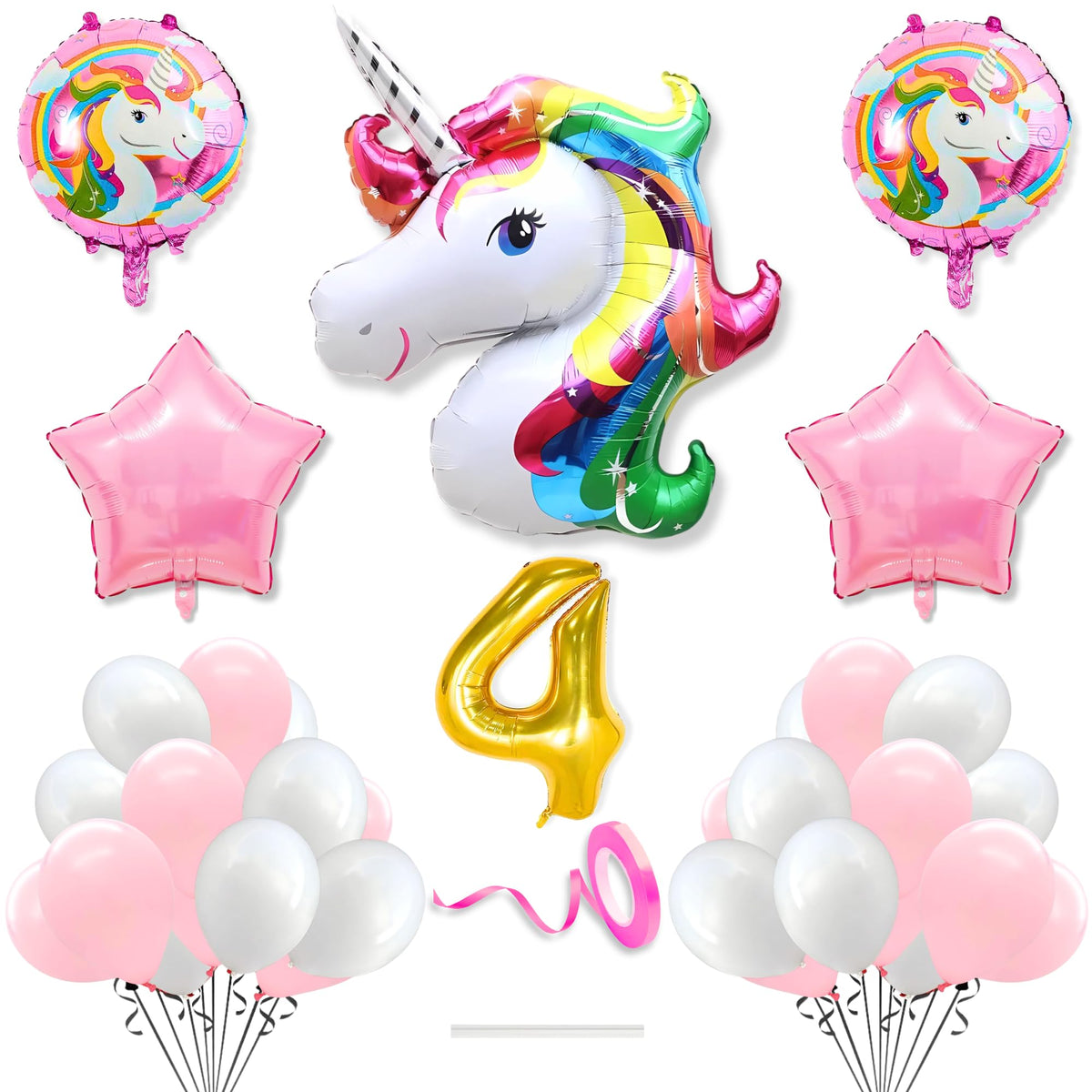 Flyloons 4th Unicorn Theme Birthday Decoration Kit Pink White for 4 year Old Baby Boys Girls Kids 5 Pcs Unicorn Theme 30 Pcs Pas