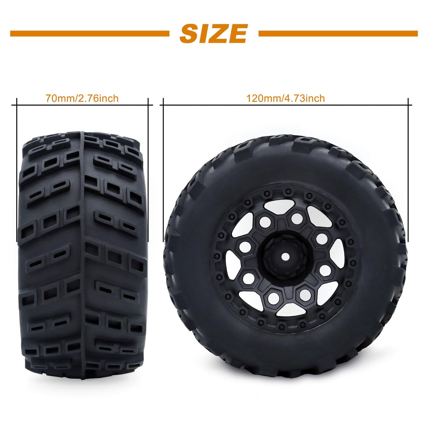 Surpass Hobby 1/10 Monster Truck Tires & Rims, 12mm Hex, Rubber, 2 Pack, Renzi Color