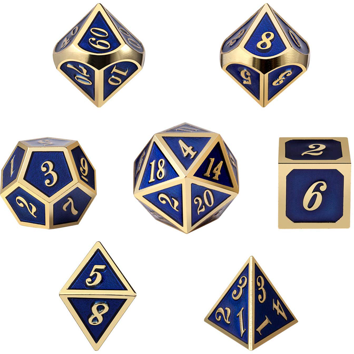 Set of 7 Metal Dice Set with Storage Box - Royal Blue with Gold Numbers - Includes D4, D6, D8, D10, D12, D20 and D% by SciencePu