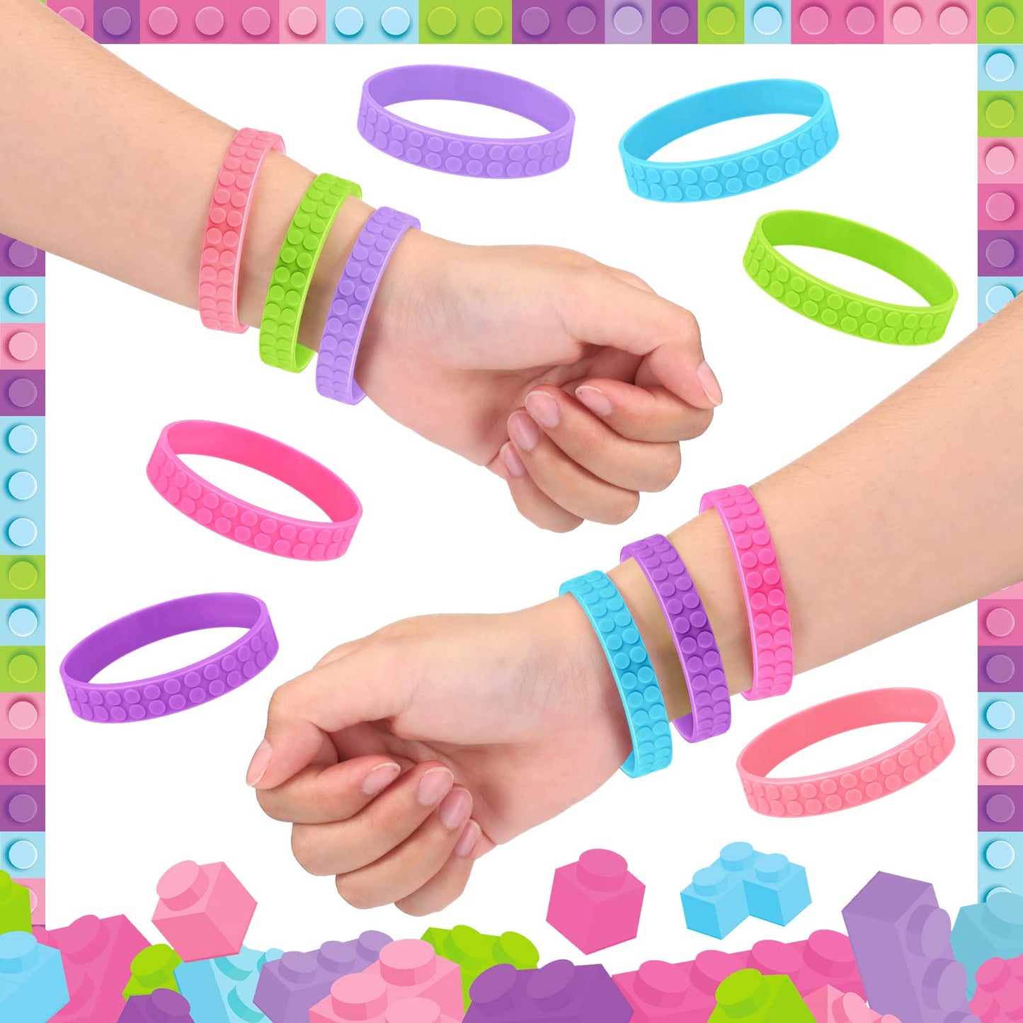 Inbagi 24 Pcs Building Block Bracelet for Kids 6 Color Silicone Wristband Rubber Bracelet Bulk Pastel Stretch Wristband for Buil