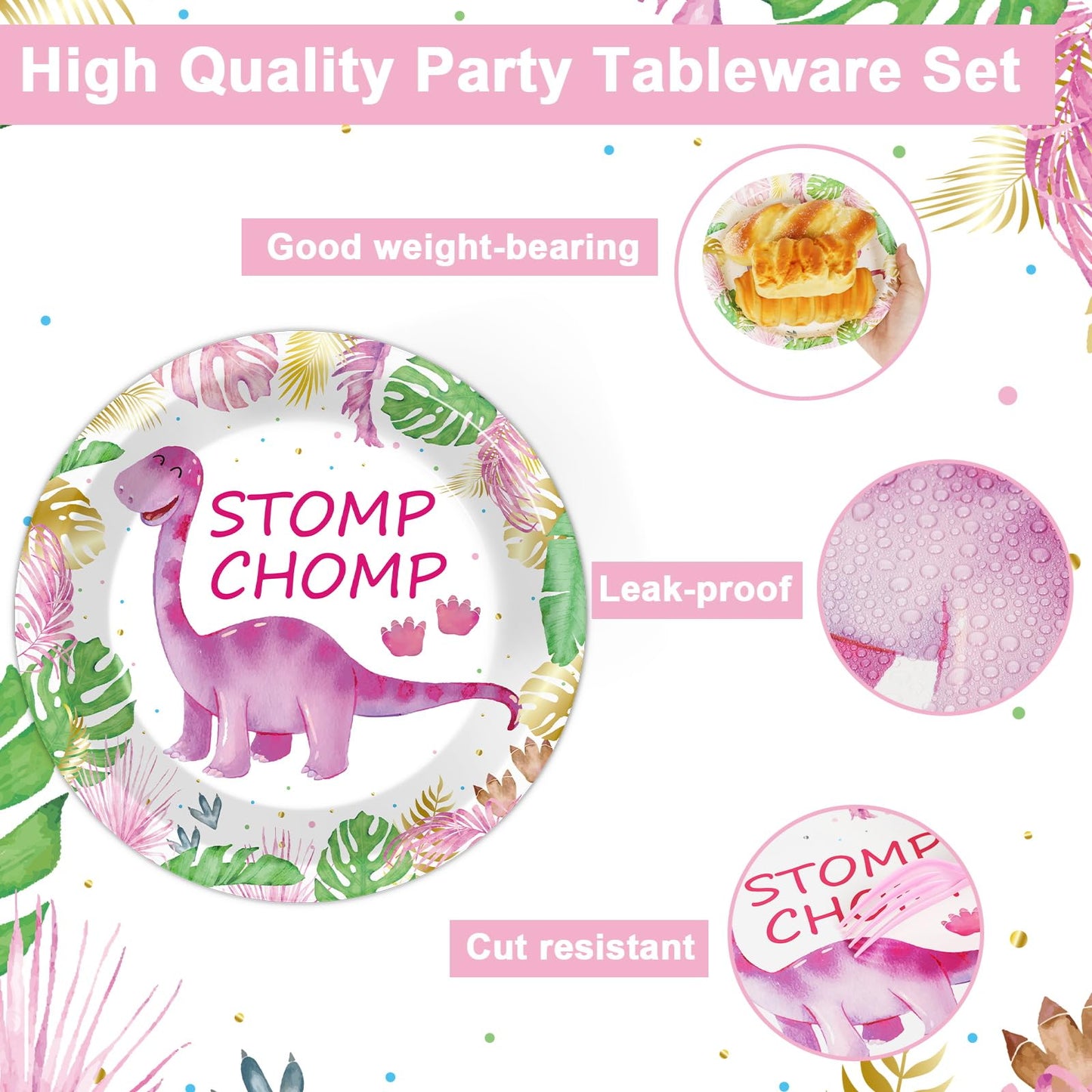 96Pcs Pink Dinosaur Plates And Napkins Party Supplies Watercolor Dinosaur Birthday Party Tableware Set Girls Dino Party Decorati