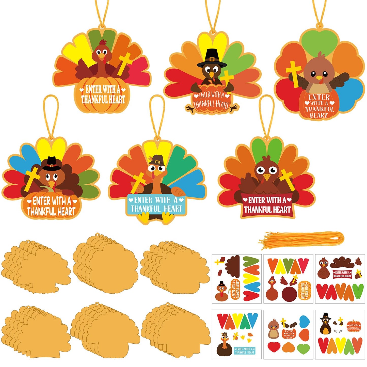 Dinifee 30 Set Religious Thanksgiving Turkey Crafts Kits for Kids DIY Enter with a Thankful Heart Sign Craft Religious Give Than