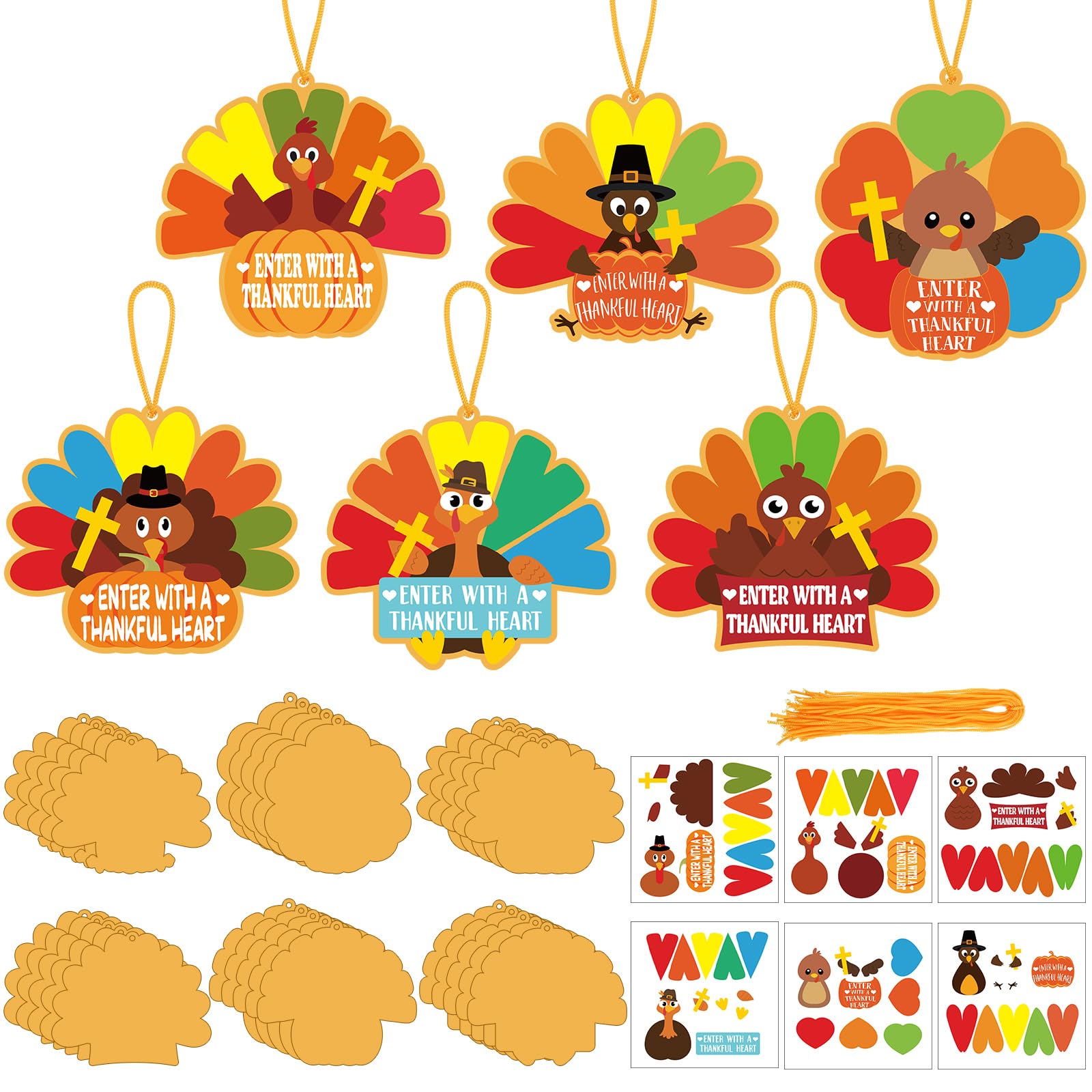 Dinifee 30 Set Religious Thanksgiving Turkey Crafts Kits for Kids DIY Enter with a Thankful Heart Sign Craft Religious Give Than