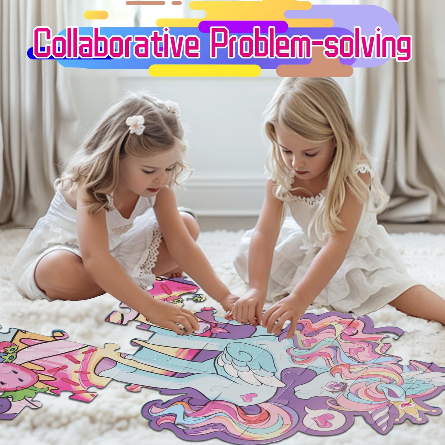Large Shimmery Unicorn Floor Puzzle For Kids Ages 4-8, 45+ Pieces Large Jigsaw Puzzle For Kids&Toddler Ages 3 4 5 6 7 8, Educati