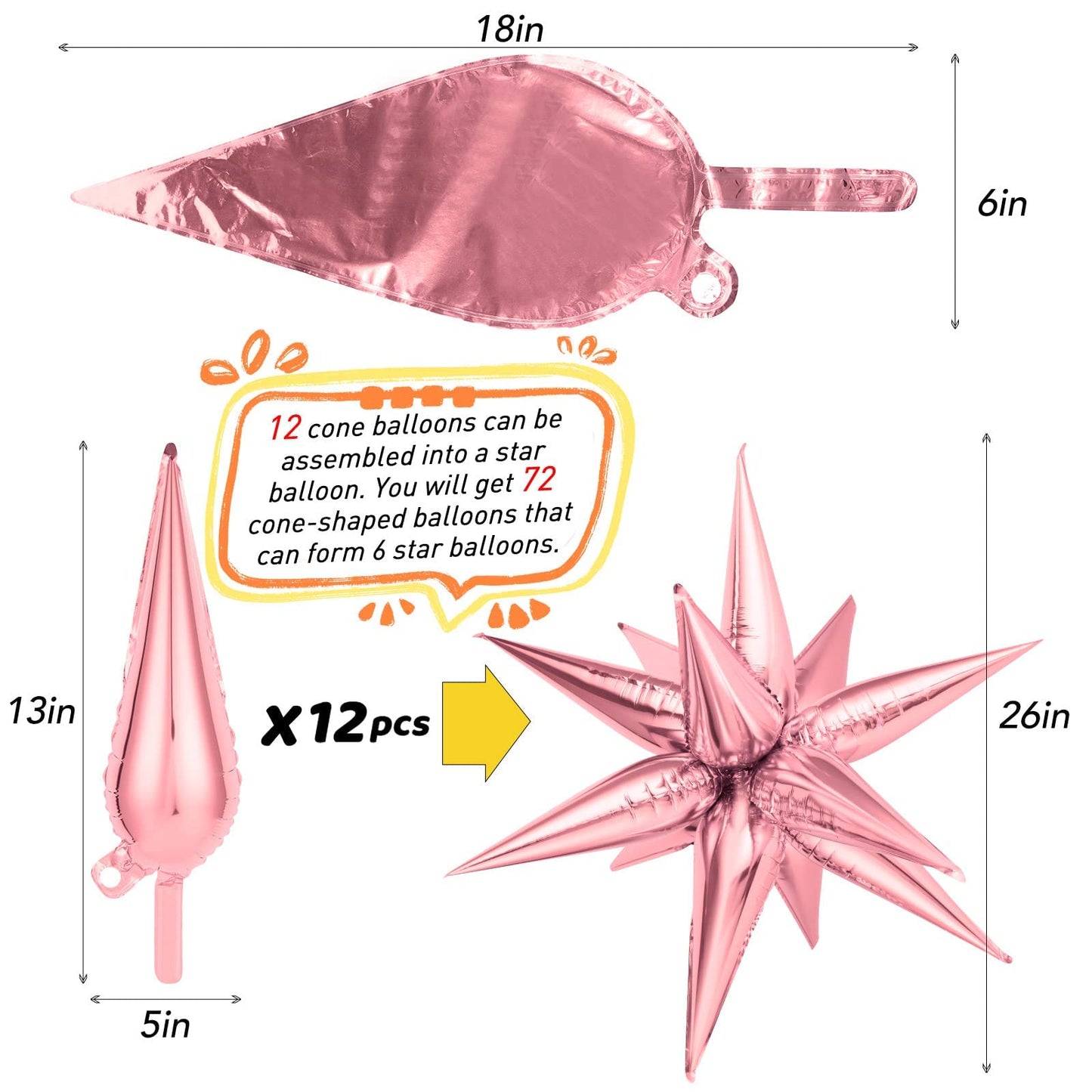 72 Pcs Pink Red Rose Gold Star Balloons, Big 26 Inch Explosion Starburst Foil Cone Balloons, Valentines Day Theme Balloons, 12 P