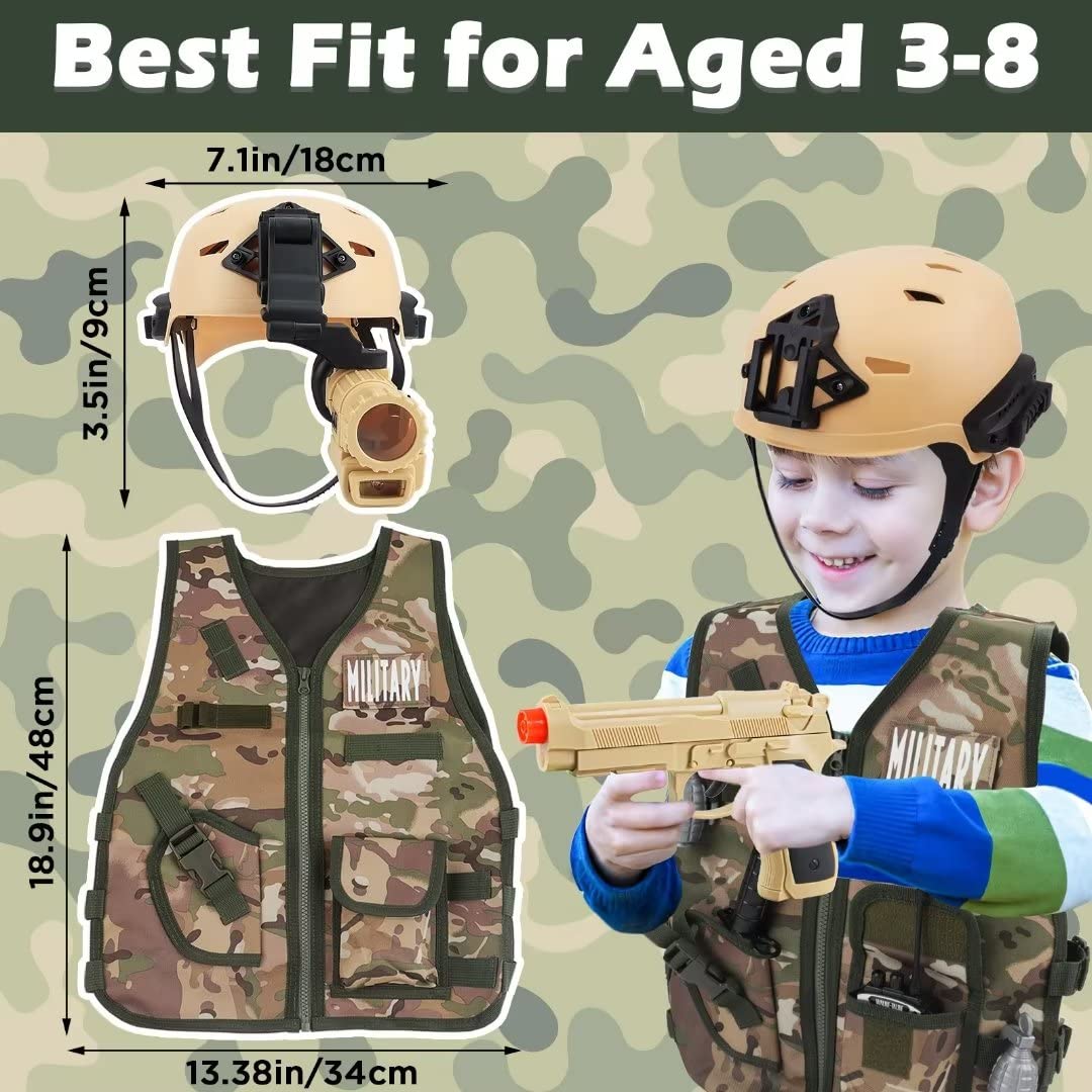 deAO Army Costume for Boys  Military Soldier Gear Accessories with Uniform Helmet and Storage Backpack Halloween Army Combat Costume Police Set Dress Up Toys for Kids Girls