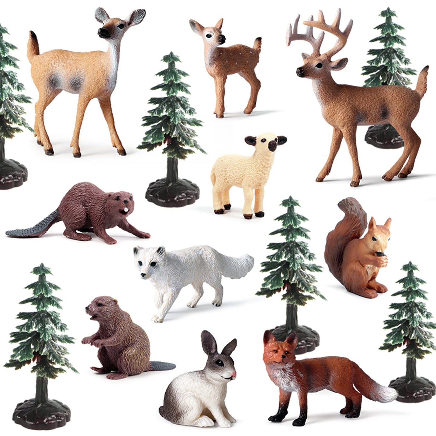 20Pcs Plastic Forest Animals Figures, Realistic Woodland Creatures Figurines Miniature Toys Animal Tree Kit Wild Animal Toys Gift For Kids Toddlers, Party Favors Cake Topper Diorama Supplies