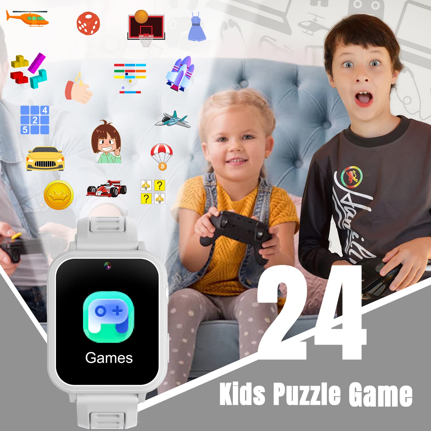 Kids Game Smart Watches Girls With 24 Puzzle Games Camera Music Player Pedometer Alarm Clock Calculator Torch, 12/24 Hr Hd Touch