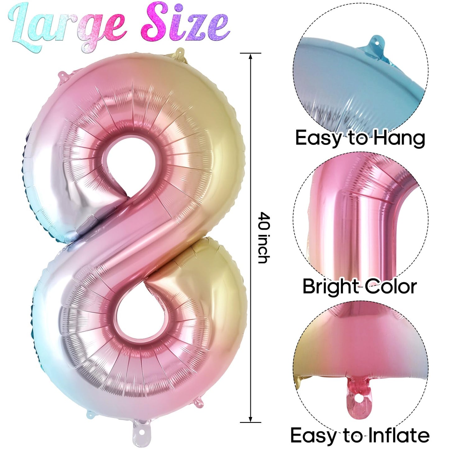 Rainbow Gradient Number 8 Balloon, 40 Inch Big Large Foil Number Balloons, Jumbo Giant Mylar Number 8 Balloons For 8 Year Old Bi