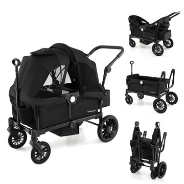 Baby Joy Wagon Stroller For 2 Kids, Collapsible Push Pull Double Stroller Wagon With Adjustable Handle Bar, Removable Canopy, Sa