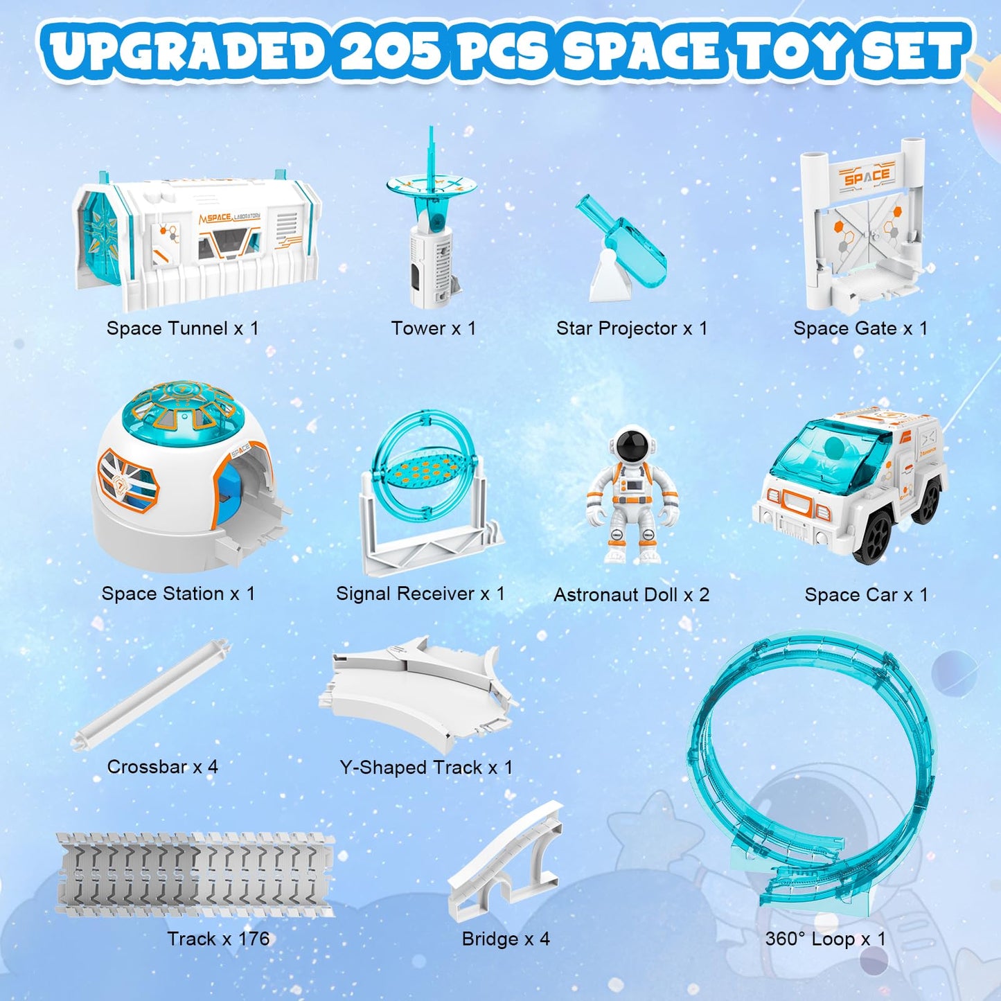 KIZJORYA Construction Race Track, Space Train Track Set, 205 PCS DIY Flexible Tracks Play Set for Boys 4-7 with Light up Space C