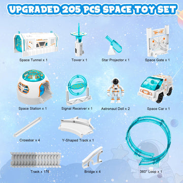 KIZJORYA Construction Race Track, Space Train Track Set, 205 PCS DIY Flexible Tracks Play Set for Boys 4-7 with Light up Space C